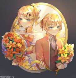 Rule 34 | 1boy, 1girl, absurdres, aku no meshitsukai (vocaloid), aku no musume (vocaloid), allen avadonia, aryuma772, ascot, bare shoulders, blazer, blonde hair, blue eyes, bouquet, bow, brooch, brother and sister, brown background, choker, collared jacket, collared shirt, colored eyelashes, dress, dress bow, earrings, evillious nendaiki, flower, four mirrors of lucifenia, frilled dress, frilled sleeves, frills, gem, hair bow, hair ornament, hairclip, high ponytail, highres, holding, holding bouquet, jacket, jewelry, kagamine len, kagamine rin, lily (flower), looking at viewer, mirror, off-shoulder dress, off shoulder, orange bow, orange jacket, picture frame, red gemstone, riliane lucifen d&#039;autriche, rose, shirt, siblings, sidelocks, sideways glance, smile, swept bangs, thorns, twins, updo, vessel of sin, vocaloid, white ascot, wide sleeves, yellow bow, yellow choker, yellow dress, yellow flower, yellow rose