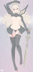 Rule 34 | 1girl, :o, absurdres, arm up, artist name, bad id, bad pixiv id, black footwear, black gloves, black hairband, black panties, black skirt, boots, breasts, breasts apart, cameltoe, commentary request, corrin (female) (fire emblem), corrin (fire emblem), cosplay, crack, cracked floor, fire emblem, full body, glint, gloves, hair between eyes, hairband, highres, holding, holding sword, holding weapon, kill la kill, knee up, long hair, looking at viewer, matoi ryuuko, matoi ryuuko (cosplay), medium breasts, miniskirt, name connection, nintendo, nipples, on floor, open mouth, panties, pleated skirt, pointy ears, purple eyes, r3dfive, showgirl skirt, silver hair, skirt, solo, suspender skirt, suspenders, sword, thigh boots, thighhighs, torn clothes, underwear, very long hair, weapon