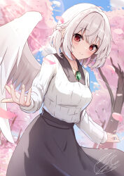 Rule 34 | 1girl, black skirt, blush, breasts, cherry blossoms, closed mouth, day, feathered wings, grey hair, highres, kishin sagume, long sleeves, medium breasts, niko kusa, nn (eogks), outdoors, petals, red eyes, short hair, signature, single wing, skirt, smile, sweater, touhou, white sweater, white wings, wings