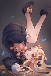 Rule 34 | 1girl, :d, abigail williams (fate), animal, black bow, black dress, black footwear, blonde hair, bloomers, blue eyes, blush, bow, bug, butterfly, dress, fate/grand order, fate (series), forehead, hair bow, highres, insect, legs up, long hair, long sleeves, looking at viewer, lying, miya (miyaruta), on back, open mouth, orange bow, parted bangs, puffy long sleeves, puffy sleeves, smile, solo, stuffed animal, stuffed toy, teddy bear, underwear, upside-down, very long hair, white bloomers