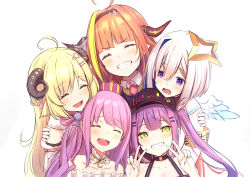 Rule 34 | 5girls, ahoge, amane kanata, angel wings, armband, blonde hair, candy hair ornament, closed eyes, crown, double v, dragon horns, ear piercing, earrings, food-themed hair ornament, grin, hair ornament, hairclip, halo, hand on another&#039;s shoulder, hat, highres, himemori luna, himemori luna (1st costume), hololive, horns, jewelry, kiryu coco, kiryu coco (1st costume), long hair, multiple girls, orange hair, piercing, pikao, pink hair, pointy ears, purple hair, sheep horns, silver hair, smile, star halo, tokoyami towa, tsunomaki watame, tsunomaki watame (1st costume), twintails, v, virtual youtuber, white background, wings