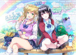 Rule 34 | 2girls, :d, backpack, bag, bench, black hair, black legwear, blonde hair, blue neckwear, blue shirt, blue skirt, blush, bottle, bow, bowtie, braid, breasts, brick wall, brown eyes, brown footwear, buttons, cellphone, chips (food), cleavage, collarbone, collared shirt, commentary request, crossed legs, day, drawstring, dress shirt, duffel bag, food, graffiti, green eyes, hand up, head tilt, heart, holding, holding phone, hood, hood down, hooded jacket, indian style, jacket, jewelry, large breasts, loafers, long hair, long sleeves, looking at viewer, loose socks, miniskirt, multiple girls, nail polish, necklace, open mouth, original, phone, pink nails, plaid, plaid skirt, pleated skirt, potato chips, purple vest, rainbow, red jacket, satou satoru, school bag, school uniform, shirt, shoes, sidelocks, sitting, skateboard, skirt, sleeves past wrists, smile, socks, star (symbol), striped bow, striped bowtie, striped clothes, striped neckwear, thighs, twintails, v, vest, water bottle, wavy hair, white shirt, white socks