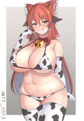 Rule 34 | 1girl, :q, animal ears, animal print, arm behind back, armpit crease, bell, blush, bow, breasts, brown eyes, brown hair, cleavage, collar, commentary request, cow ears, cow horns, cow print, cow print bikini, cowbell, cowboy shot, curvy, dot nose, elbow gloves, frilled bow, frilled hair tubes, frills, gloves, gradient background, grey background, groin, hair bow, hair tubes, hakurei reimu, half-closed eyes, hand up, horns, huge breasts, long hair, looking at viewer, navel, paid reward available, plump, print bikini, red bow, sidelocks, simple background, skindentation, solo, standing, tf cafe, thick thighs, thighs, tongue, tongue out, touhou, very long hair, wide hips