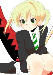 Rule 34 | 1girl, absurdres, blonde hair, closed mouth, green eyes, hanap, highres, long hair, maka albarn, necktie, plaid, plaid skirt, school uniform, simple background, skirt, smile, solo, soul eater, twintails, white background