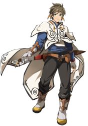 Rule 34 | 10s, 1boy, 8 (yamalu), boots, brown hair, cape, earrings, feather earrings, feathers, fingerless gloves, full body, gloves, green eyes, highres, holding, holding weapon, jewelry, looking to the side, male focus, pants, short hair, simple background, smile, solo, sorey (tales), tales of (series), tales of zestiria, weapon, white background, white gloves