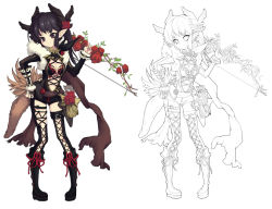 Rule 34 | 1girl, arrow (projectile), bad id, bad pixiv id, black hair, black thighhighs, boots, bow (weapon), breasts, bridal gauntlets, character sheet, cherinova, cleavage, flower, hair flower, hair ornament, hand on own hip, head tilt, hip focus, knee boots, lineart, long hair, original, over shoulder, pigeon-toed, pointy ears, purple hair, quiver, rose, scarf, simple background, small breasts, smile, solo, thighhighs, weapon