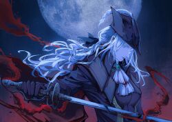 Rule 34 | ascot, black gloves, blood, bloodborne, bonnet, coat, gem, gloves, hat, hat feather, highres, holding, holding sword, holding weapon, huanyan420112, lady maria of the astral clocktower, moon, pale skin, rakuyo (bloodborne), solo, sword, tricorne, weapon, white ascot, white hair