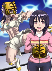 Rule 34 | 10s, 1girl, abs, bare shoulders, black hair, boots, brown eyes, commentary request, dual persona, elbow pads, mask, midriff, spring tiger, takaoka haruna, tiger mask (series), tiger mask w, track suit, wasabi shoujo, wrestling outfit, wrestling ring