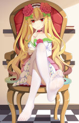 Rule 34 | 1girl, armchair, bare shoulders, blonde hair, chair, crossed legs, dungeon and fighter, feet, finger to mouth, flower, foot focus, hair flower, hair ornament, hairband, highres, long hair, looking at viewer, mage (dungeon and fighter), no shoes, pointy ears, red eyes, see-through, see-through legwear, sitting, soles, toes, white legwear