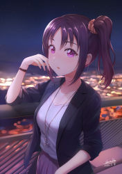 Rule 34 | 10s, 1girl, black jacket, blurry, blurry background, brown hair, city lights, collarbone, commentary request, hair ornament, hair scrunchie, hand on own face, highres, jacket, jewelry, kazuno sarah, love live!, love live! sunshine!!, necklace, night, parted bangs, parted lips, purple eyes, purple skirt, railing, scrunchie, shamakho, shirt, side ponytail, signature, skirt, solo, standing, watch, white shirt, wristwatch