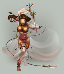 Rule 34 | 1girl, armpits, arms up, bare shoulders, barefoot, breasts, brown hair, chester ocampo, collarbone, feet, henna, large breasts, lips, midriff, nail polish, skinny, slender, solo, sword, tattoo, thigh gap, toes, weapon, whip