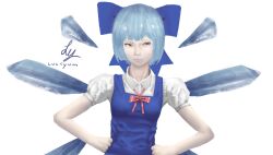 Rule 34 | 1girl, absurdres, blue bow, blue dress, blue eyes, blue hair, bow, cirno, cropped, dress, gradient eyes, hair bow, highres, ice, ice wings, luciyum, multicolored eyes, non-web source, profile, realistic, red bow, revision, shirt, short hair, solo, touhou, white background, white shirt, wings