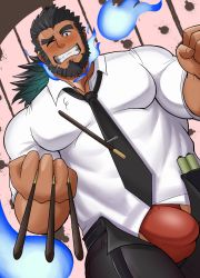 Rule 34 | 1boy, bara, beard, between pectorals, black hair, black necktie, blue fire, blush, bulge, collared shirt, dark-skinned male, dark skin, dutch angle, facial hair, facial scar, falling, fire, food, forked eyebrows, formal, grin, highres, holding, holding food, holding pocky, incoming food, incoming pocky kiss, large pectorals, long hair, looking at viewer, male focus, male underwear, male underwear peek, mature male, muscular, muscular male, necktie, necktie between pectorals, official alternate costume, open fly, pectorals, pocky, pocky day, red male underwear, sandayu (housamo), scar, scar on cheek, scar on face, shirt, smile, solo, thick thighs, thighs, tokyo houkago summoners, underwear, yugyouhijiri