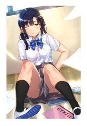 Rule 34 | 1girl, black hair, black socks, blurry, blurry background, bow, breasts, clothes between thighs, depth of field, hair ornament, hair scrunchie, highres, indoors, long hair, medium breasts, notebook, original, pleated skirt, school uniform, scrunchie, shoes, side ponytail, sitting, skirt, socks, solo, tan (tangent), tearing up, uwabaki, wince, yellow eyes