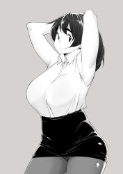 1girl, absurdres, anko (nia), armpits, arms up, black hair, black skirt, borrowed character, breasts, collared shirt, grey background, greyscale, highres, huge breasts, ibnu rusydi, long hair, looking at viewer, monochrome, office lady, original, pencil skirt, shirt, simple background, skirt, smile, solo, white shirt