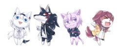 Rule 34 | &gt; &lt;, 4girls, :3, :d, ahoge, animal crossing, animal ears, animalization, blue eyes, cat, cat ears, cat tail, dog, dog ears, dog girl, dog tail, fang, fox ears, fox tail, full body, hololive, hololive gamers, inugami korone, inugami korone (1st costume), jacket, long hair, multiple girls, nanakusa, nekomata okayu, nekomata okayu (1st costume), nintendo, ookami mio, open mouth, outstretched arms, ponytail, purple eyes, red eyes, running, shirakami fubuki, shirakami fubuki (street), simple background, smile, spread arms, standing, tail, triangle mouth, virtual youtuber, white background, wolf, wolf ears, wolf tail
