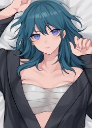 Rule 34 | 1girl, bandages, bandeau, banned artist, bare shoulders, bed sheet, black robe, blue eyes, blue hair, breasts, byleth (female) (fire emblem), byleth (fire emblem), chest sarashi, commentary request, fire emblem, fire emblem: three houses, hair between eyes, highres, large breasts, lips, long hair, looking at viewer, lying, nintendo, off shoulder, on back, robe, sarashi, shimizu akina, solo, strapless, tube top, upper body