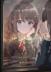 Rule 34 | 1girl, :|, arm support, black jacket, blue eyes, blunt bangs, bow, bowtie, breasts, brown hair, closed mouth, collared shirt, earphones, head rest, jacket, long hair, long sleeves, looking outside, original, rain, red bow, red bowtie, reflection, rin yuu, school uniform, shirt, signature, train interior, twilight, twitter username, water drop, window