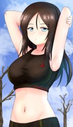 Rule 34 | 1girl, armpits, arms behind head, arms up, bare tree, black hair, black sports bra, blue eyes, blue sky, blurry, blurry background, blush, breasts, closed mouth, cloud, cloudy sky, commentary, day, depth of field, girls und panzer, half-closed eyes, highres, large breasts, light frown, long hair, looking at viewer, midriff, navel, nonna (girls und panzer), outdoors, redbaron, sky, solo, sports bra, standing, swept bangs, tree, twitter username, upper body