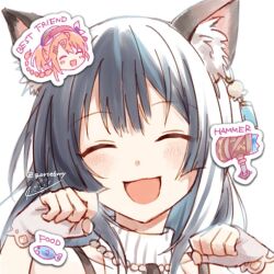 Rule 34 | 1girl, :3, :d, ^ ^, animal ear fluff, animal ears, atelier (series), atelier resleriana, black hair, cat ears, cat girl, chibi, chibi inset, closed eyes, earrings, english text, facing viewer, fish, hair between eyes, hammer, hands up, hari (gorse6my), izana kokoschka, jewelry, long hair, open mouth, outline, paw pose, resna sternenlicht, smile, solo, upper body, white background