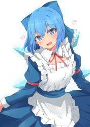 Rule 34 | 1girl, alternate costume, apron, blue dress, blue eyes, blue hair, blush, bow, breasts, bright pupils, cirno, cleavage, commentary, dress, enmaided, fang, frilled apron, frilled shirt collar, frills, hair between eyes, hair bow, head tilt, heart, highres, juliet sleeves, leaning forward, lifted by self, long sleeves, looking at viewer, maid, maid apron, mizune (winter), neck ribbon, open mouth, puffy sleeves, red ribbon, ribbon, sash, short hair, simple background, skin fang, skirt hold, small breasts, solo, touhou, white background, white pupils, wings