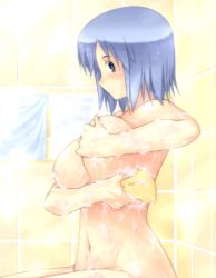 Rule 34 | 1girl, bath, bathroom, blue eyes, blue hair, blush, grabbing another&#039;s breast, breast hold, breasts, grabbing, large breasts, lowres, matching hair/eyes, noise (tsuzuki), nude, original, short hair, sitting, soap bubbles, solo, sponge, wash cloth, washing, wet