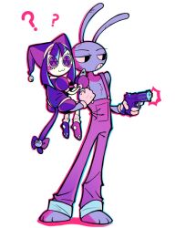 Rule 34 | 1boy, 1girl, :3, ?, animal ears, black eyes, carrying, carrying person, cat ears, cat girl, cat tail, clenched teeth, commentary, english commentary, firing, fish, gloves, gun, hat, heterochromia, highres, holding, holding gun, holding weapon, jaidenstar, jax (the amazing digital circus), jester, jester cap, overalls, pomni (the amazing digital circus), rabbit, rabbit ears, short hair, simple background, tail, teeth, the amazing digital circus, weapon, white background
