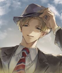 Rule 34 | 1boy, blonde hair, blue eyes, cloud, collared shirt, day, fedora, formal, grey hat, grey jacket, grey suit, half-closed eyes, hand on headwear, hat, highres, holostars, jacket, kishido temma, looking at viewer, male focus, mstarsgasuki, necktie, official alternate costume, parted bangs, parted lips, red necktie, shirt, short hair, smile, solo, striped necktie, suit, suit jacket, teeth, upper body, upper teeth only, virtual youtuber, white shirt