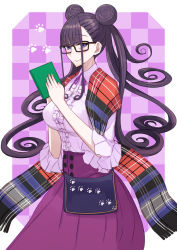 Rule 34 | 1girl, blush, book, breasts, checkered background, closed mouth, double bun, fate/grand order, fate (series), frills, glasses, holding, holding book, kozara14, large breasts, lavender shirt, long hair, long sleeves, looking at viewer, murasaki shikibu (fate), purple background, purple eyes, purple hair, purple skirt, shawl, skirt, smile, very long hair
