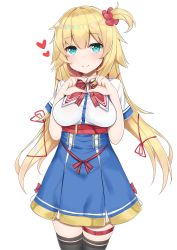 Rule 34 | 1girl, absurdres, akai haato, akai haato (1st costume), black thighhighs, blonde hair, blue eyes, blush, breasts, commentary request, cowboy shot, dress, gold trim, hair ornament, hair ribbon, hashiko nowoto, heart, heart hair ornament, heart hands, highres, hololive, large breasts, long hair, looking at viewer, low twintails, multicolored hair, one side up, pink hair, ribbon, short sleeves, simple background, smile, solo, standing, thigh strap, thighhighs, twintails, two-tone hair, underbust, virtual youtuber, white background
