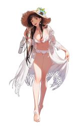 Rule 34 | 1girl, :d, absurdres, barefoot, bikini, black survival, blush, breasts, brown hair, collarbone, earrings, flower, full body, gweon sua, hat, hat flower, highres, holding, holding clothes, jewelry, large breasts, leaf, legs, lips, long hair, looking at viewer, navel, official alternate costume, official art, open clothes, open mouth, shadow, smile, solo, standing, stomach, straw hat, sunlight, swimsuit, teeth, toenails, transparent background, umbrella, upper teeth only, white bikini, white footwear, white umbrella, yamakawa