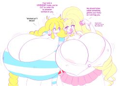 Rule 34 | 2girls, areola slip, breasts, bursting breasts, cassie (theycallhimcake), cleavage, covered erect nipples, english text, gigantic breasts, highres, motion lines, multiple girls, nail polish, no bra, original, simple background, standing, tagme, theycallhimcake, white background