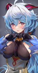 Rule 34 | 1girl, ahoge, bare shoulders, bell, black gloves, blue hair, blush, bodystocking, breasts, clothes pull, detached sleeves, dress, flying sweatdrops, ganyu (genshin impact), genshin impact, gloves, heart, heart hands, highres, horns, large breasts, long hair, looking at viewer, neck bell, purple eyes, sideboob, sweatdrop, taishi (picchiridou), thighs, white dress