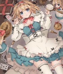 Rule 34 | 2girls, alice margatroid, apron, blonde hair, blue dress, book, breasts, card, cleavage, commentary request, dress, hairband, highres, lolita hairband, medium breasts, multiple girls, playing card, red hairband, shanghai doll, shironeko yuuki, short hair, thighhighs, touhou, waist apron, white apron, white thighhighs