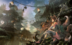 Rule 34 | 1girl, animal ears, architecture, bare shoulders, breasts, broken, brown eyes, brown hair, cleavage, corset, denki, detached sleeves, dress, east asian architecture, fox ears, fox tail, frilled dress, frills, green dress, hair tubes, huge breasts, ivy, kitsune, kyuubi, lantern, long hair, makeup, moss, multiple tails, nail polish, original, overgrown, red nails, roots, scenery, shoes, short dress, sitting, sky, solo, staff, stairs, tail, thighhighs, tree, very long hair, wand, traditional youkai