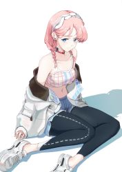 Rule 34 | 1girl, absurdres, arknights, backingbutterfly, black pants, blue eyes, blue poison (arknights), blue shorts, braid, chinese commentary, choker, collarbone, commentary, ear piercing, hairband, highres, jacket, pantyhose under shorts, looking at viewer, medium hair, midriff, navel, o-ring, o-ring choker, off shoulder, pants, pantyhose, piercing, pink choker, pink hair, scales, shadow, shoes, shorts, simple background, sitting, solo, sports bra, white background, white footwear, white hairband, white jacket, white sports bra, yokozuwari