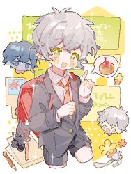 Rule 34 | 2boys, alternate costume, arknights, backpack, bag, blazer, blue eyes, blue hair, closed eyes, colored skin, crossed bangs, faust (arknights), flower, flower-shaped pupils, food, grey hair, grey jacket, grey shorts, grey skin, hand up, highres, jacket, jitome, long sleeves, looking at viewer, mephisto (arknights), multiple boys, necktie, open mouth, paper, pencil, pixelated, pointy ears, randoseru, red necktie, saucer (saucer752), school uniform, shirt, short hair, shorts, simple background, smile, sparkle, speech bubble, symbol-shaped pupils, white background, white shirt, yellow eyes