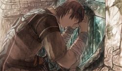 Rule 34 | 1boy, bandaged arm, bandages, brown hair, closed eyes, commentary request, from side, headband, highres, maeka (kumaekake), male focus, own hands clasped, own hands together, poncho, praying, shadow of the colossus, solo, wander (shadow of the colossus)