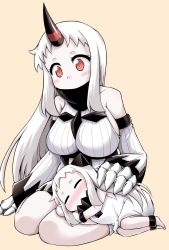 Rule 34 | 10s, 2girls, abyssal ship, bare shoulders, barefoot, blush, commentary request, covered mouth, detached sleeves, dress, closed eyes, horns, kantai collection, lying, lying on person, mittens, multiple girls, northern ocean princess, nose blush, on side, seaport princess, single horn, sleeping, sleeveless, sleeveless dress, white dress, yamato nadeshiko