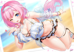 Rule 34 | 1girl, blue eyes, breasts, cleavage, collarbone, elf, elysia (honkai impact), elysia (miss pink elf) (honkai impact), hair ornament, heart, highres, honkai (series), honkai impact 3rd, large breasts, looking at viewer, nail polish, navel, open mouth, pink hair, pink nails, pointy ears, purple eyes, scrunchie, signature, skindentation, smile, solo, swimsuit, thighs, wrist scrunchie, xfate