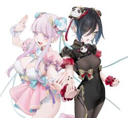 Rule 34 | 2girls, :d, :o, alternate costume, alternate hairstyle, azur lane, black dress, black hair, black nails, black ribbon, blunt bangs, bow, breasts, brown pantyhose, bun cover, butterfly earrings, chest harness, china dress, chinese clothes, cleavage, cleavage cutout, clenched hand, clothing cutout, colored eyelashes, double bun, dress, ear piercing, earrings, eyes visible through hair, eyeshadow, feet up, fingernails, frilled wristband, green bow, green ribbon, hair between eyes, hair bun, hair ornament, hair ribbon, hand up, harness, heart cutout, heart o-ring, height difference, highres, horns, jewelry, large breasts, long hair, looking at viewer, makeup, medium breasts, multicolored hair, multiple girls, nail polish, ohisashiburi, open mouth, panda, panda hair ornament, panda ornament, pantyhose, piercing, pink nails, pink skirt, plump, plymouth (azur lane), puffy short sleeves, puffy sleeves, purple eyes, purple hair, red eyeshadow, ribbon, scrunchie, shiny skin, short hair, short sleeves, simple background, skinny, skirt, smile, stance, streaked hair, tassel, tassel hair ornament, teeth, thighs, ulrich von hutten (azur lane), upper teeth only, weight difference, white background, white wristband, wrist scrunchie, yellow eyes