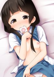 Rule 34 | 10s, 1girl, amayadori machi, black hair, blush, breasts, brown eyes, clothes lift, condom, condom in mouth, haryuu (poetto), highres, kumamiko, long hair, looking at viewer, low twintails, lying, mouth hold, nipples, no bra, on back, panties, school uniform, shirt, shirt lift, skirt, skirt lift, small breasts, solo, twintails, underwear, white panties
