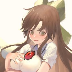 Rule 34 | 1girl, blush, bow, breasts, brown hair, green bow, green eyes, hair bow, hand on own chest, hand up, heoningu, highres, large breasts, long hair, looking at viewer, open mouth, reiuji utsuho, shirt, short sleeves, solo, third eye, touhou, upper body, white shirt