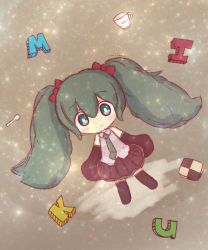 Rule 34 | 1girl, aqua eyes, aqua hair, bad id, bad pixiv id, blush stickers, bow, character name, checkerboard cookie, chibi, cookie, cup, detached sleeves, food, hair bow, hatsune miku, looking at viewer, necktie, p-man-p-man, shirt, skirt, sleeves past wrists, smile, solo, spoon, teacup, thighhighs, twintails, vocaloid
