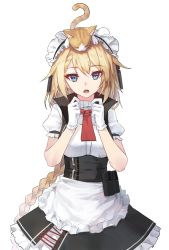 Rule 34 | animal, animal on head, apron, black skirt, blonde hair, blue eyes, braid, cat, cat on head, cowboy shot, g36 (girls&#039; frontline), girls&#039; frontline, gloves, hands up, long hair, looking at viewer, maid headdress, mixed-language commentary, on head, open mouth, pouch, puffy short sleeves, puffy sleeves, red neckwear, shirt, short sleeves, skirt, solo, standing, vikpie, white gloves, white shirt