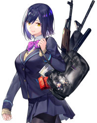 Rule 34 | 1girl, bad id, bad pixiv id, bag, black bag, black legwear, blue hair, blue skirt, bow, bowtie, closed mouth, controller, fingernails, food, game controller, gun, hair ornament, hairclip, highres, charm (object), long fingernails, nijisanji, noy, open bag, pocky, purple bow, school bag, shizuka rin, simple background, skirt, sleeves past wrists, smile, solo, virtual youtuber, walking, weapon, white background, yellow eyes