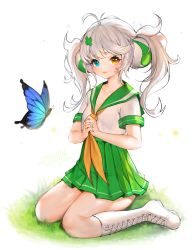 Rule 34 | 1girl, animal, annyeongbangawo, antenna hair, blue eyes, blush, boots, brown eyes, brown neckerchief, bug, butterfly, closed mouth, collarbone, commentary request, copyright request, cross-laced footwear, grass, green nails, green sailor collar, green skirt, hair ornament, heterochromia, insect, interlocked fingers, knee boots, korean commentary, lace-up boots, long hair, nail polish, neckerchief, on grass, own hands together, pleated skirt, sailor collar, school uniform, serafuku, shirt, short sleeves, silver hair, sitting, skirt, solo, twintails, wariza, white footwear, white shirt, x hair ornament