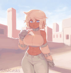 Rule 34 | 1girl, abs, absurdres, arena (sandcasks), blue eyes, blue gloves, blue sky, braid, breasts, building, cityscape, clenched hands, commentary, dark skin, dark-skinned female, day, denim, detached sleeves, gloves, hair between eyes, halterneck, halterneck, highres, jeans, large breasts, light smile, looking at viewer, midriff, original, pants, sandcasks, scar, scar on face, short hair, side braid, sky, narrow waist, solo, toned, white hair