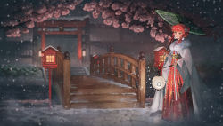 Rule 34 | 1girl, absurdres, architecture, azur lane, birmingham (azur lane), birmingham (fruitful snow of an auspicious year) (azur lane), blurry, blurry background, double bun, dress, east asian architecture, flower, full body, fur-trimmed collar, fur trim, green umbrella, hair bun, hair flower, hair ornament, highres, holding, holding lantern, holding umbrella, lantern, long hair, looking at viewer, maousoshi, night, official alternate costume, oil-paper umbrella, outdoors, paper lantern, pink flower, print dress, red hair, sash, scenery, snowing, solo, stairs, standing, stone stairs, stream, tree, two-tone dress, umbrella, white flower, white sleeves, wide sleeves, wooden bridge, wooden lantern, yellow sash