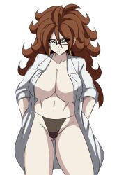 Rule 34 | 1girl, android 21, breasts, brown hair, cleavage, curvy, darwaarts, dragon ball, dragon ball fighterz, earrings, female focus, glasses, gluteal fold, grey eyes, hands in pockets, highres, huge breasts, jewelry, lab coat, legs, long hair, looking at viewer, mole, mole under mouth, navel, no bra, solo, thick thighs, thighs, topless, wide hips